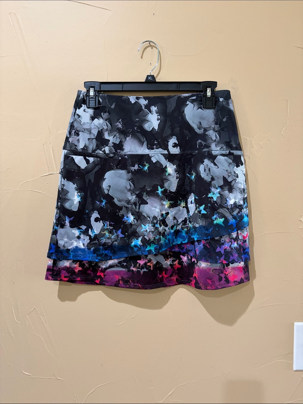 Lucky in Love Black Asymmetrical Skirt with Blue and Pink Star Accent